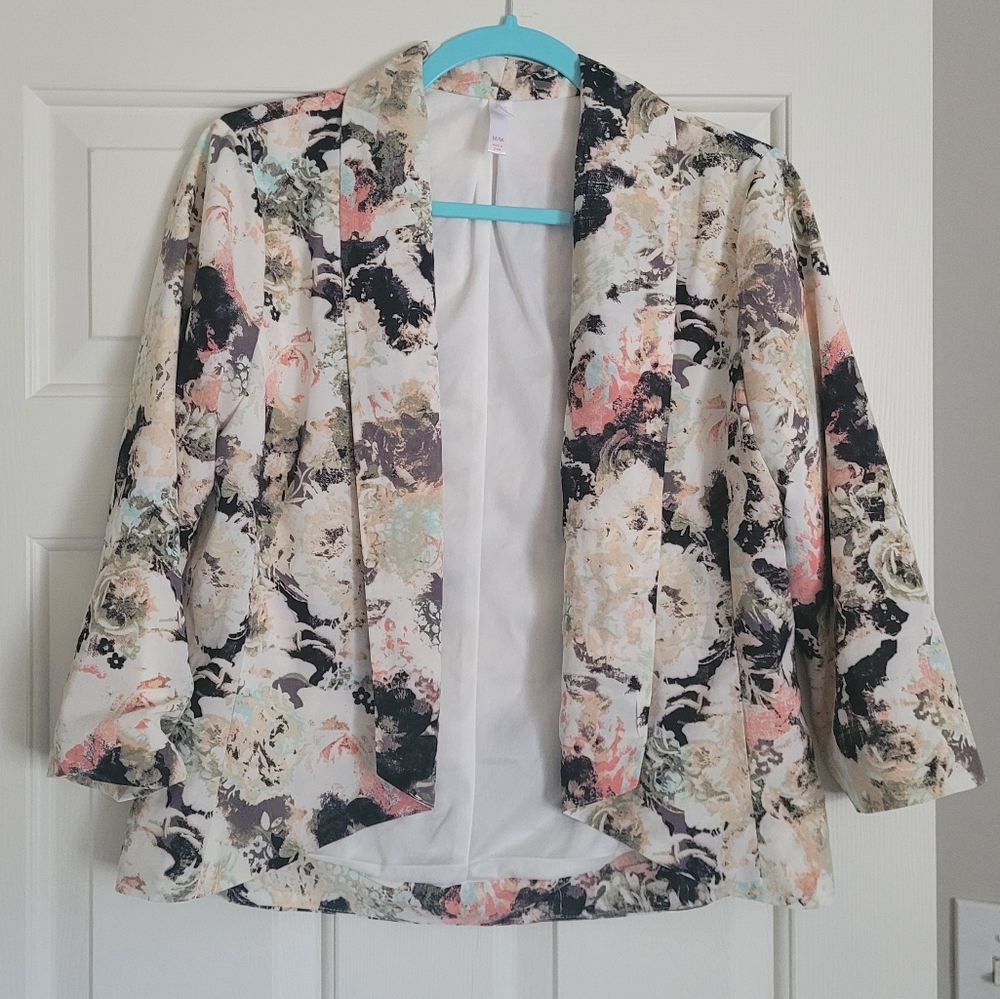 Xhilaration Abstract Floral Drape Lightweight Open Front Blazer Jacket MEDIUM